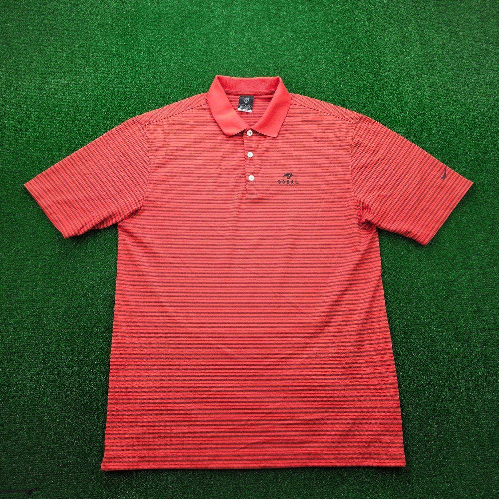 Nike Golf Drif Fit UV Polo Shirt Mens Large Orange Red Striped Doral Golf Y2K